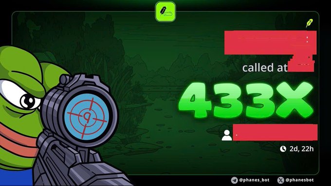 A graphic featuring a Pepe the Frog character holding a sniper rifle scope, with text reading 'called at [redacted] 433X' and social media handles '@phanes_bot' displayed at the bottom.