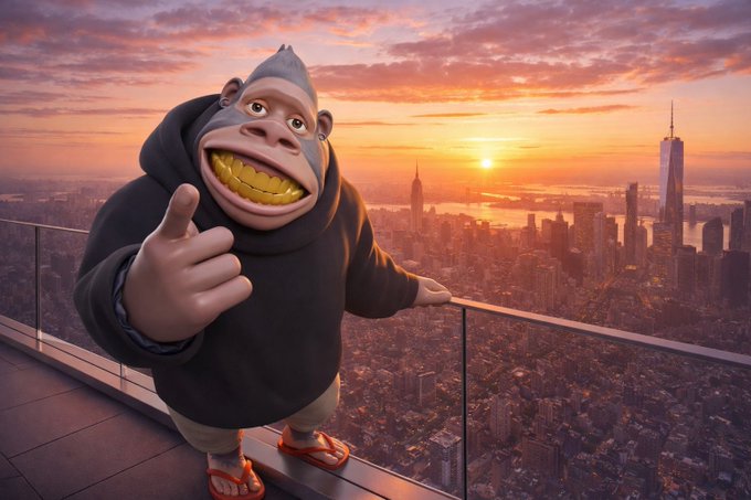 A 3D-rendered cartoon gorilla wearing a black hoodie and orange sandals gives a thumbs-up while standing on a balcony overlooking a New York City skyline at sunset.