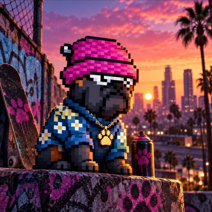 A pixel-art style black cat wearing a pink beanie, white sunglasses, a blue floral shirt, and a gold paw-print necklace sits on a graffiti-covered ledge next to a skateboard and spray paint, with a sunset city skyline in the background.