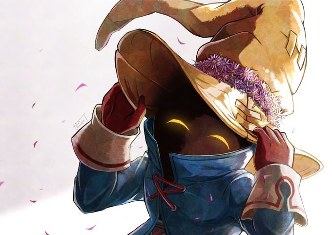 A watercolor-style artwork of a hooded figure wearing a large pointed hat adorned with purple flowers, with glowing yellow eyes visible in the shadow of the hood.