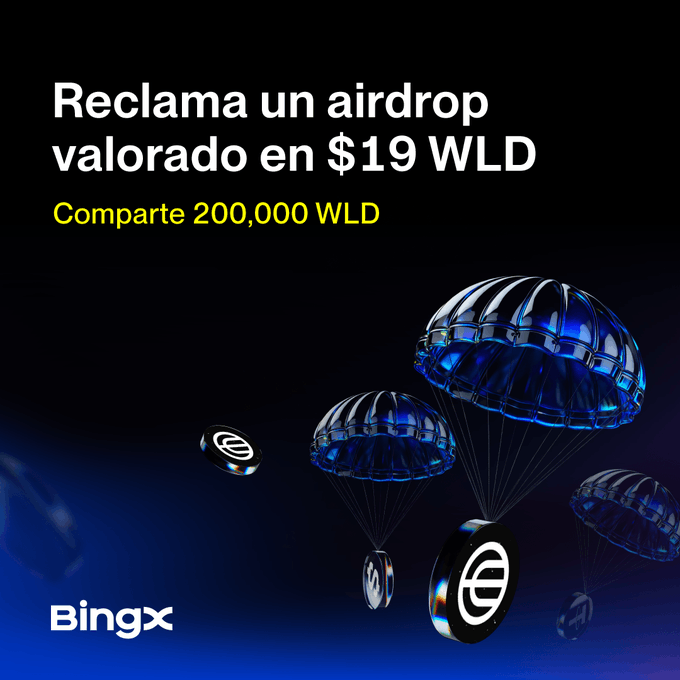 The image features a blue background with white text that reads "Reclamaa un airdrop valordo en $19 WLD Comparte 200,000 WLD". The main focus of this image is an advertisement for an event related to cryptocurrency called Bingx, which appears to be a marketplace or competition involving Bitcoin. There are also parachutes depicted on the image with different designs and sizes, symbolizing the potential value and excitement associated with the cryptocurrency market.