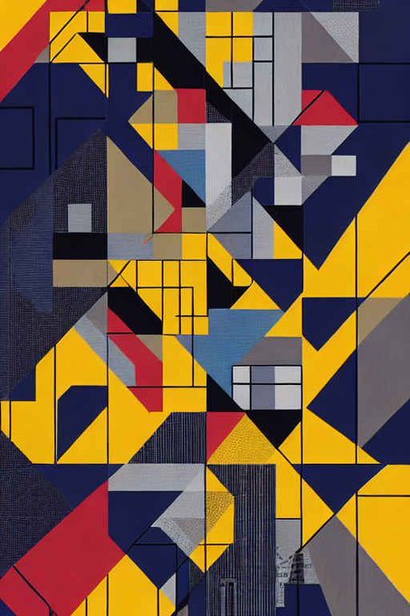 An abstract geometric artwork featuring overlapping rectangles and triangles in bold colors of yellow, blue, red, black, gray, and white, reminiscent of De Stijl/Bauhaus style.