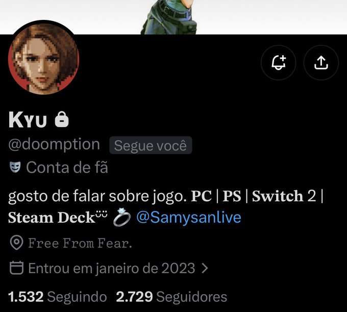 A Twitter/X profile page for 'Kyu 🔒 (@doomption)' featuring a pixel art avatar, with bio text in Portuguese mentioning gaming on PC, PS, Switch 2, and Steam Deck.