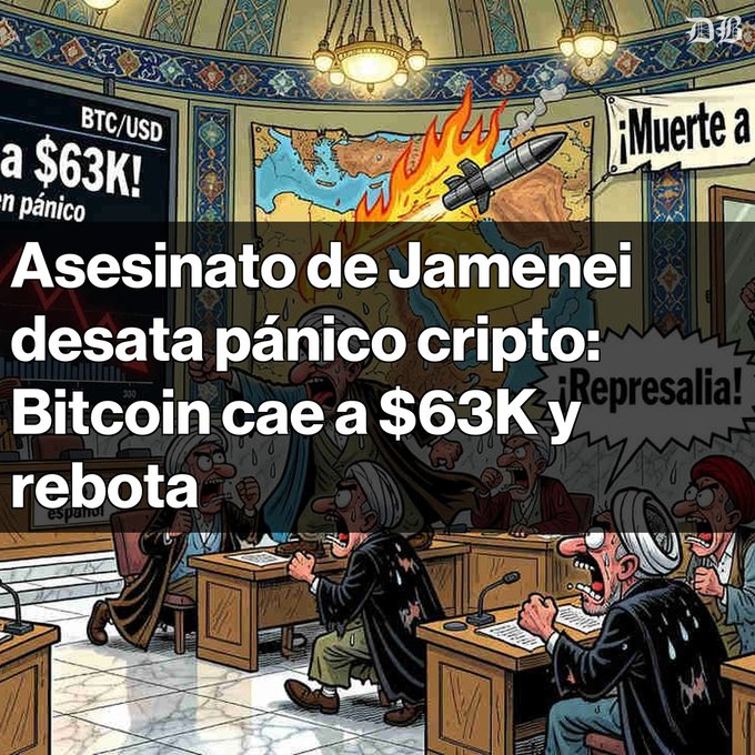 A cartoon illustration depicting chaotic politicians reacting to a missile, with Spanish text overlay reading: "Asesinato de Jamenei desata pánico cripto: Bitcoin cae a $63K y rebota" and signs showing "BTC/USD a $63K! en pánico" and "¡Muerte a...!".
