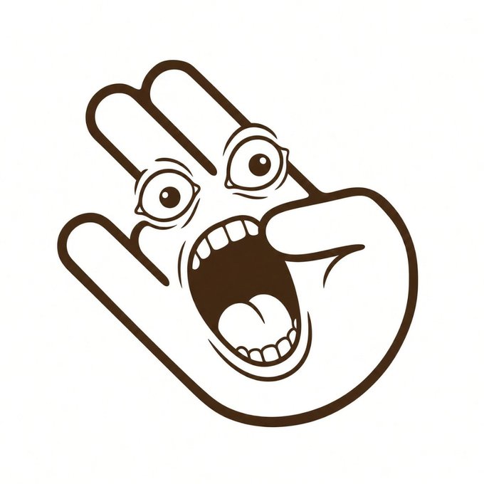 A brown line-drawing illustration of a three-fingered hand featuring a wide, open-mouthed smile and two eyeballs nestled between the fingers.