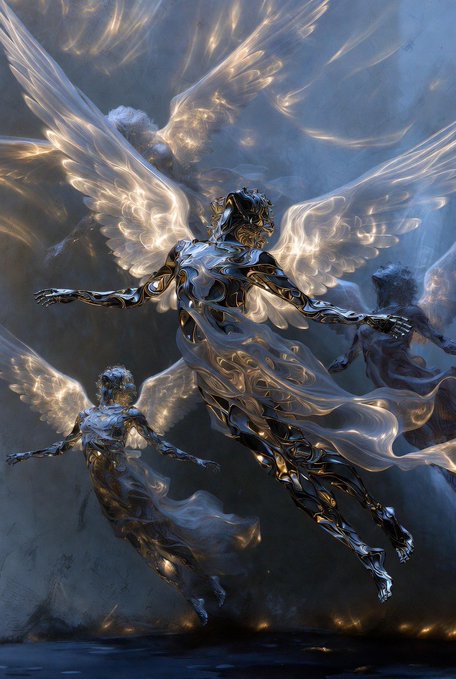 A digital artwork depicting three ethereal angelic figures with metallic bodies and large glowing white wings flying through a cloudy sky.