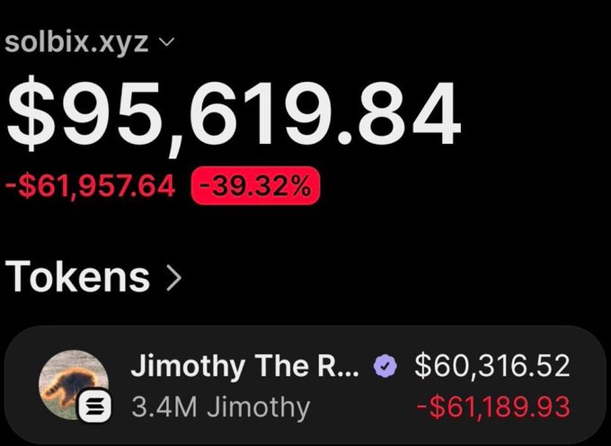 The image shows a wallet tracker for solbix.xyz displaying a portfolio value of $95,619.84, down $61,957.64 (-39.32%), with the top holding being "Jimothy The R..." token valued at $60,316.52 (3.4M Jimothy), down $61,189.93. This contradicts the post's claim of "$101 into over $89,000 profit," as the screenshot actually shows a portfolio down 39% with the Jimothy token holding a loss of over $61,000 rather than being in profit.