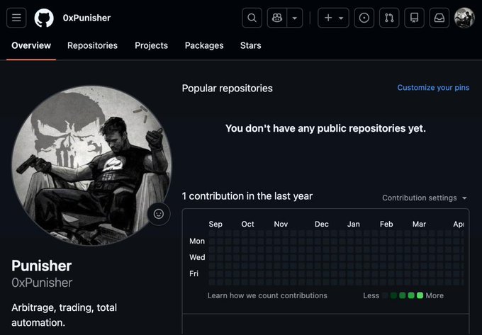 A GitHub profile page for user '0xPunisher' (Punisher) displays the Punisher skull logo as the avatar, with the bio 'Arbitrage, trading, total automation,' and indicates 'You don't have any public repositories yet' with a contribution graph showing 1 contribution in the last year.