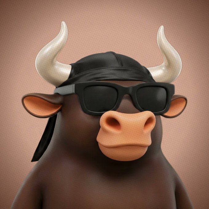 A cartoon bull character wearing sunglasses and a black durag against a tan background, fitting the "GM BULLS" greeting as a fun, stylized mascot for the Bullpen community and $ANSEM crypto enthusiasts.