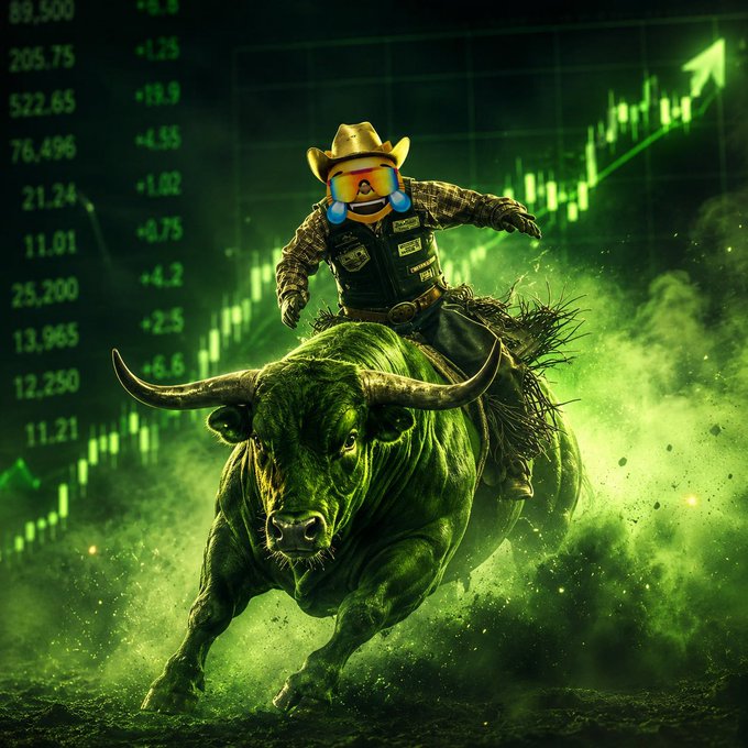 A bulls' head, ridden by a cow-faced person wearing a cowboy hat and vest with goggles, is shown going across a field while a green bar graph of stock market numbers floats above them. The caption reads "$MOG WITH THE BULL".