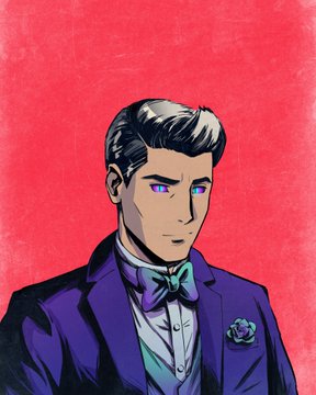 An illustrated portrait of a man with dark hair and purple eyes wearing a formal dark suit with a teal bowtie and a purple flower lapel pin against a red background.
