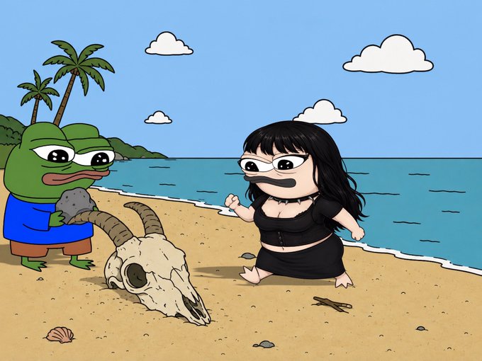 Animated cartoon scene showing a sad Pepe the Frog in a blue shirt next to a crying anime girl in black on a beach, with a goat skull between them.