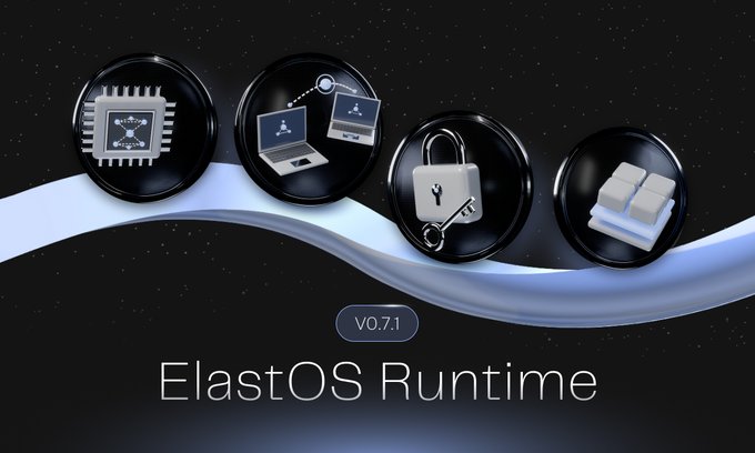 A promotional graphic for 'ElastOS Runtime V0.7.1' featuring four glossy black spheres displaying icons for chips, devices, a padlock, and blocks against a starry background.