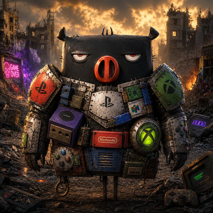 A menacing robotic creature with a black snout and red eyes stands amidst ruins, its armor built from gaming consoles and accessories featuring PlayStation, Xbox, Nintendo, and GameCube logos, with a 'GAME OVER' neon sign in the background.