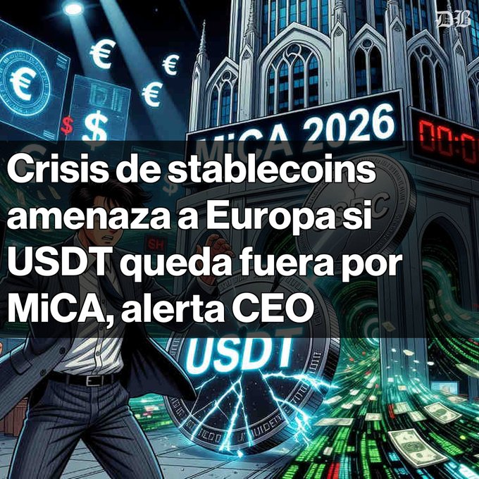 The image features a man dressed in a suit standing next to a building, with a large amount of money falling from the sky around him. The text in the image reads "Crises de stablecoins en Europa El CEO de BitGo, Mike Belshe, advierte sobre una posible cambio". This phrase suggests that there is an impending crisis related to unstable coin values or a sudden change in the value of coins. The man's presence and the falling money indicate that this situation might be happening soon, possibly affecting the stability of the cryptocurrency market.