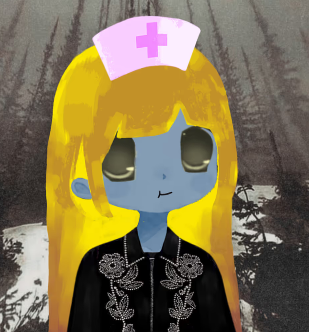 Digital illustration of a stylized character with yellow hair, a pink nurse cap, large dark eyes, and a black ornate top against a dark painted background.