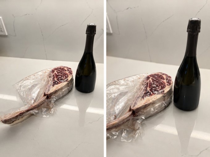 A raw bone-in steak wrapped in plastic sits beside a dark sparkling-wine or champagne bottle on a white countertop. The image visually stages the steak and bottle as celebratory drinks and dinner for the post’s “My BTC = $200K celebration, at the ready. What’s yours?” message.