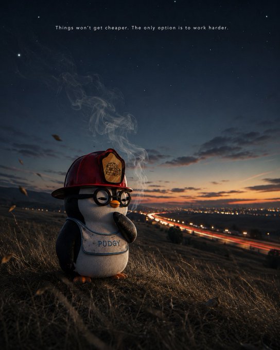 Surreal image of a plush penguin wearing a firefighter helmet, glasses, and a shirt labeled 'PUDGY', smoking a cigarette, sitting on a grassy hill overlooking city lights at dusk with the text 'Things won't get cheaper. The only option is to work harder.'