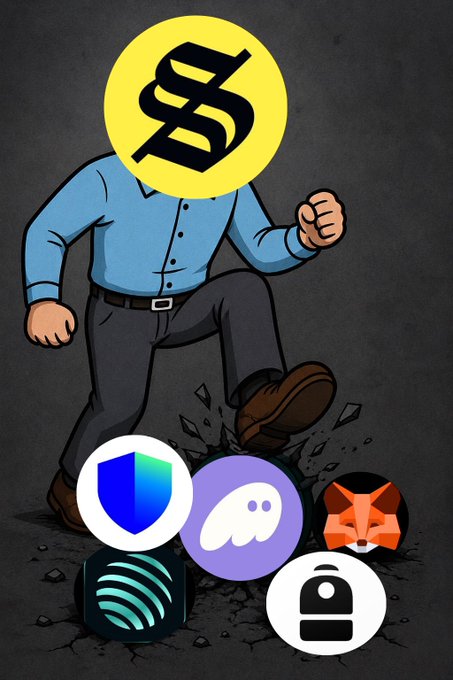 A muscular cartoon figure with the BSC (Binance Smart Chain) logo as its head stomps its foot down, shattering the ground beneath lesser crypto wallet logos including Phantom, MetaMask, and Trust Wallet. The image satirically depicts Binance's BNB Chain as the dominant "OG" wallet that crushes its competitors, aligning with the post's claim that it remains the best wallet ever despite newer alternatives.