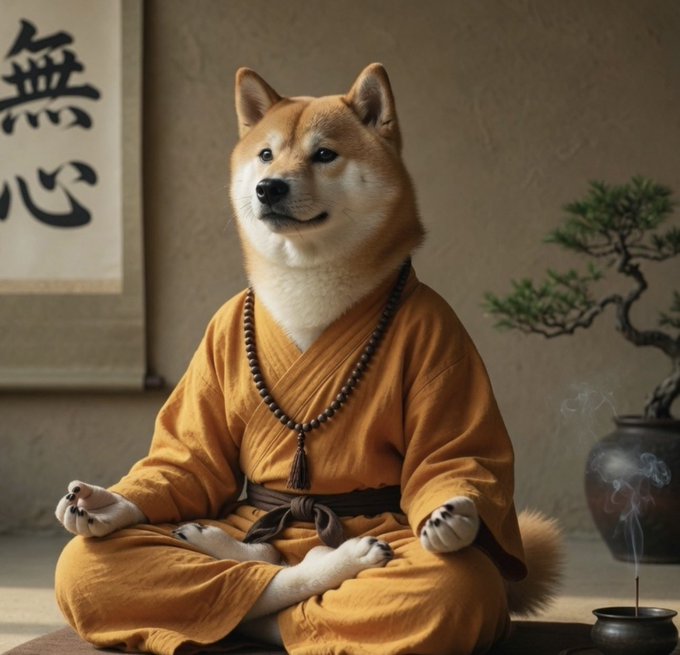 The image features a Shiba Inu dog dressed up as a monk or wizard, sitting cross-legged with its paws crossed and wearing an orange robe. The dog appears to be meditating or performing a spiritual act. A small potted plant is placed next to the dog on the ground, adding a touch of nature to the scene.

The post includes text that reads "In a wild market, it's easy to just $DOGE". This phrase could be interpreted as a playful reference to the dog's unique appearance or the whimsical nature of the image itself.