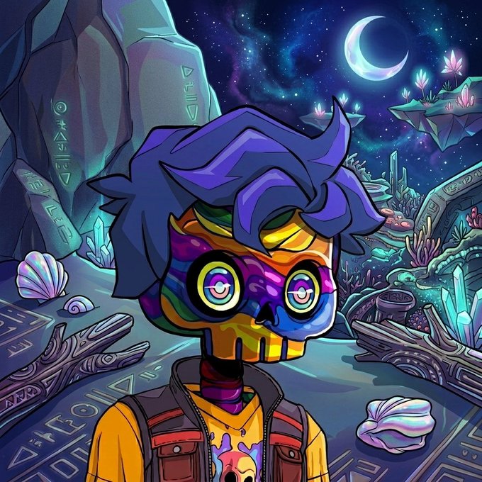 A vibrant digital illustration of a colorful, rainbow-sugar-skull-faced anime-style character with purple hair, set against a cosmic background featuring a crescent moon, crystals, and alien flora.