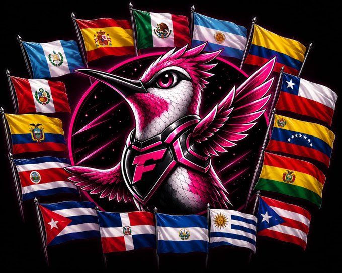 A stylized pink and white bird with a shield emblem is surrounded by the flags of various nations including Spain, Mexico, Argentina, Chile, Peru, and others, set against a dark starry background.