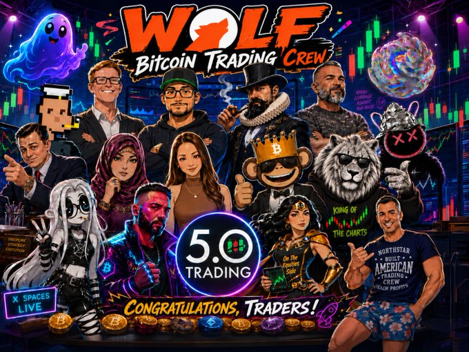 The image features a group of people posing together with their arms raised in celebration or victory. The text "WOLF BITCOIN TRADING CREW" can be seen, which suggests that this gathering might be related to Bitcoin trading or some other form of digital currency. The people are standing around a table and there is a sign on the wall that reads "5 O'clock Trading", indicating that they have been discussing and trading Bitcoin for over two years.