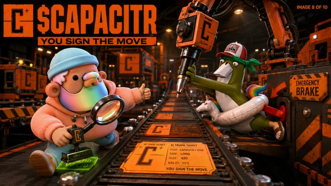 A promotional image titled '$CAPACITR YOU SIGN THE MOVE' featuring cartoon characters in a factory setting with ticket graphics labeled 'AI TRAIN TICKET, FAIR: CAPACITR / USD, SIDE: LONG, SEAT: 400, VALID: YES'.