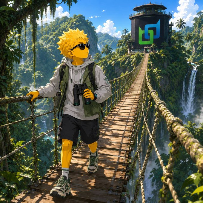 An anime-style illustration of a yellow-skinned character with spiky blonde hair and sunglasses standing on a rope bridge in a lush jungle, heading toward a futuristic tower.
