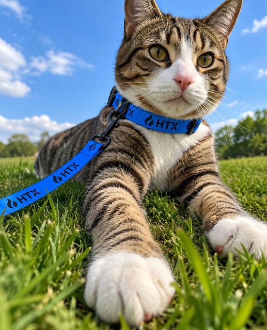 A tabby and white cat relaxes in the grass wearing a blue harness and leash printed with "HTX," perfectly capturing the "Touch the Grass" weekend mood by enjoying the outdoors on a sunny day.