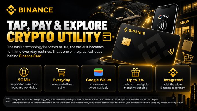 The image is a Binance promotional banner titled "TAP, PAY & EXPLORE CRYPTO UTILITY," showcasing a black Binance Card alongside a smartphone displaying Google Pay. It highlights five key features: 90M+ supported merchant locations worldwide, everyday online and offline utility, Google Wallet convenience, up to 3% cashback on eligible monthly spending, and integration with the wider Binance ecosystem, visually reinforcing the post's message about making crypto spending practical for daily routines.