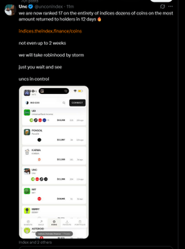 A social media post from 'Uncx' stating that UCX now ranks #17 on an indices list of coins and will be taken out in 21 days, with a screenshot of the ranking list including UB, PONGOL, KARMA, UNI, and MET.