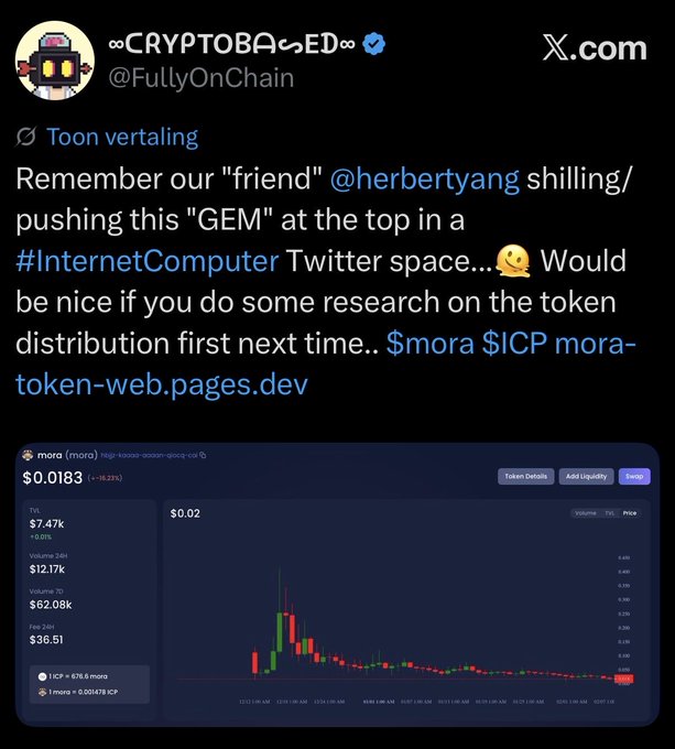 A tweet from @FullyOnChain calling out @herbertyang for shilling the $mora token, with a price chart showing $mora at $0.0183 down 18.23% on #InternetComputer.