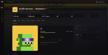 A webpage shows a "ZecBit Genesis - Shielded" NFT collection on a marketplace site, displaying a pixel art green zombie-like character with purple sunglasses.