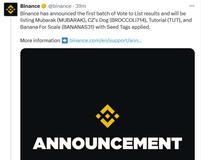 A tweet from Binance announces the first batch of Vote to List results, featuring meme tokens Mubarak (MUBARAK), CZ's Dog (BROCCOLI714), Tutorial (TUT), and Banana For Scale (BANANAS31) with Seed Tags. The accompanying post mocks Binance's declining reputation, noting that while listings once guaranteed major price pumps, the 2025 inclusion of meme coins like BROCCOLI714 and BANANAS31 exemplifies how their credibility has fallen off.