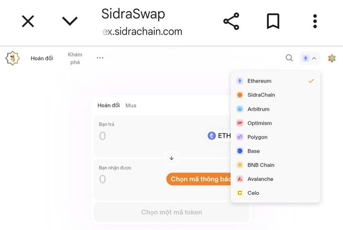 The image shows the SidraSwap DEX interface (ex.sidrachain.com) with a chain selection dropdown menu displaying support for multiple blockchains including Ethereum (currently selected), SidraChain, Arbitrum, Optimism, Polygon, Base, BNB Chain, Avalanche, and Celo, visually confirming the multi-chain expansion announced in the post.