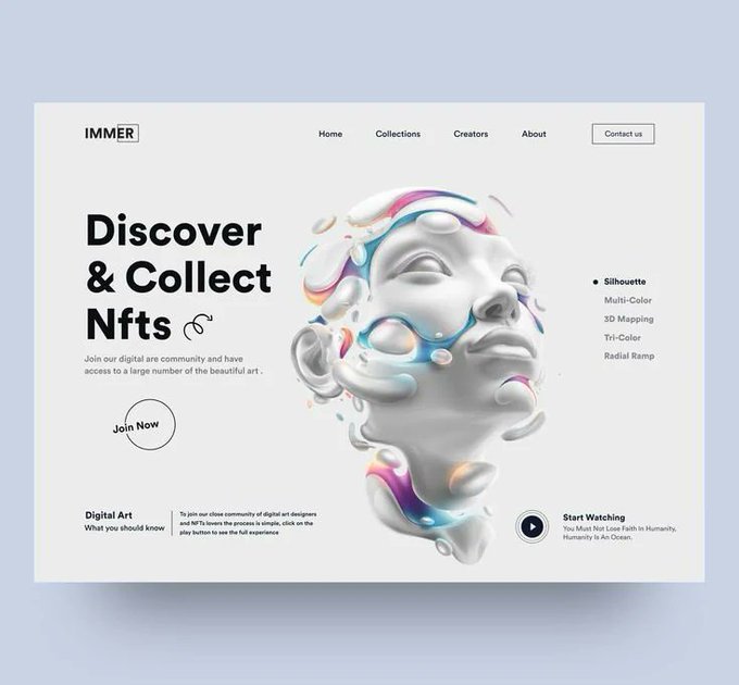 An NFT website design mockup titled 'IMMER' with the headline 'Discover & Collect Nfts', featuring a 3D abstract head graphic and a 'Join Now' button.