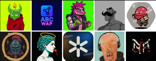 A grid of ten digital artwork icons featuring various characters including a green creature in a red hoodie, an 'ABC WAP' logo, a purple-haired reptilian character, a gray figure with a mustache, a pink brain character, a knight helmet, a character with a halo, a symbol logo, an orange face with headphones, and a pixelated 'M' design.