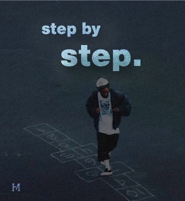 A dark-toned image showing a person in a cap and hoodie playing hopscotch drawn in chalk, with the text 'step by step.' displayed prominently above.