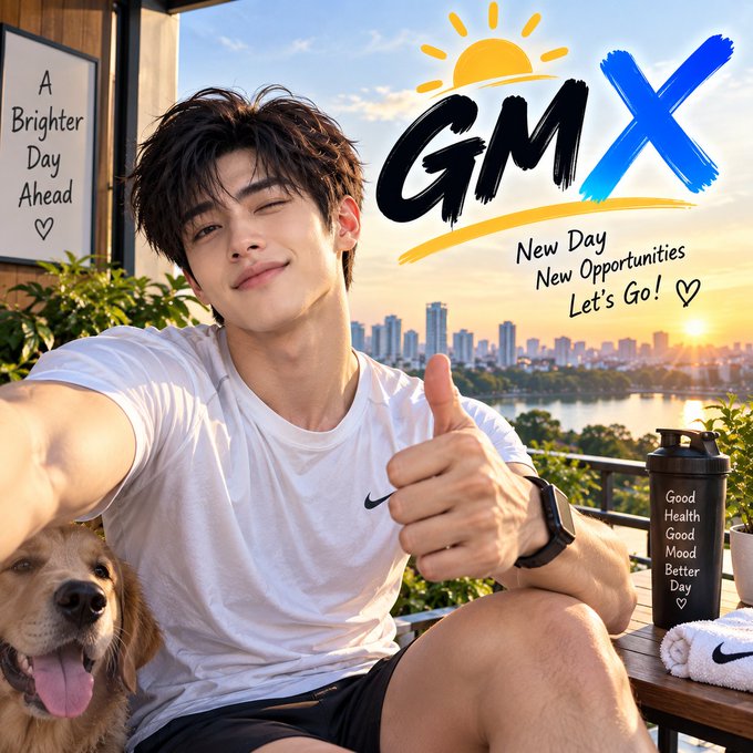 A smiling young man in a white Nike t-shirt gives a thumbs-up while sitting on a balcony with a golden retriever dog, with a city skyline at sunrise behind him and 'GMX' and 'A Brighter Day Ahead' text graphics overlaid.