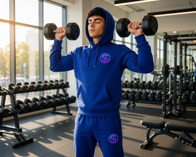 A young man in a blue tracksuit performs shoulder presses with dumbbells in a sunlit gym, embodying the "let's get to work" hustle mentality behind an all-in bullish call on the $STKR ticker.