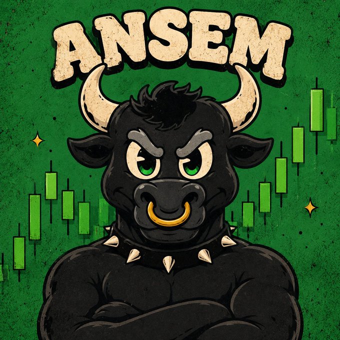 A cartoon-style illustration features a black bull character with a nose ring and spiked collar, set against a green background with candlestick charts and the text 'ANSEM' at the top.