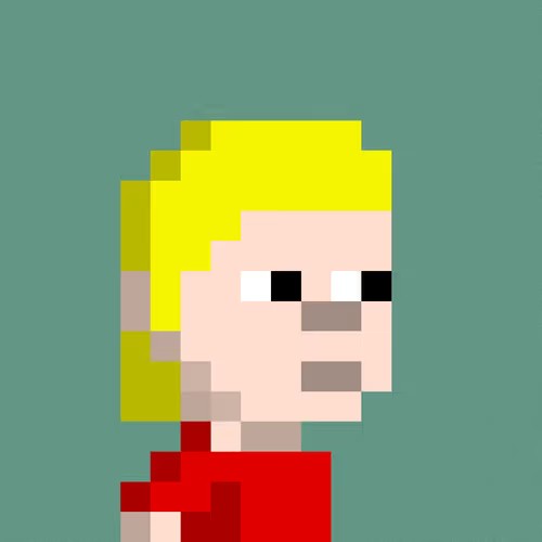 A simple, low-resolution pixel art drawing of a character with yellow hair and a red shirt against a solid green background.