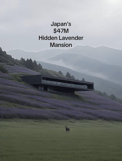 A sleek, modern black mansion cantilevers dramatically over a misty mountainside blanketed in lavender fields, with a lone deer grazing in the foreground meadow. The overlay text reads "Japan's $47M Hidden Lavender Mansion," a $47 million dream escape that captures the fantasy of cashing out crypto holdings for a serene, off-grid retreat.