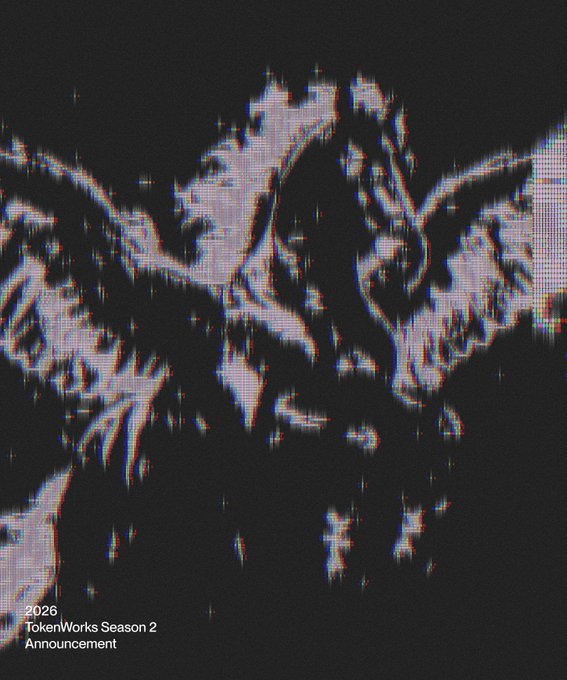 A glitch-art style graphic of a white tiger with text in the corner reading '2026 TokenWorks Season 2 Announcement'.