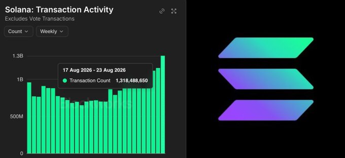 A chart showing 'Solana: Transaction Activity' weekly, with a tooltip indicating 1,318,488,650 transactions for the week of 17 Aug 2026 - 23 Aug 2026, next to the Solana logo.