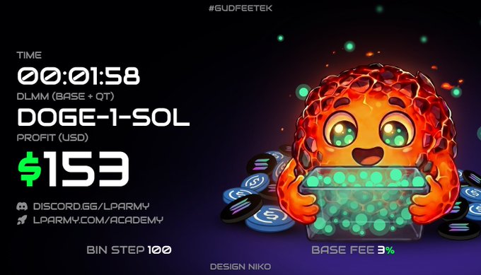 A promotional graphic for a meme coin called 'DOGE-1-SOL' showing a time of '00:01:58', a profit of '$153', Discord link 'DISCORD.GG/LPARMY', and website 'LPARMY.COM/ACADEMY', with a cute character holding a pot of coins.