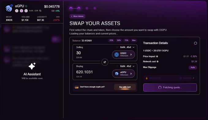 A cryptocurrency swap interface shows the oGPU token trading page, with a transaction to sell 30 USDC for 620.1031 oGPU, displaying current price $0.045778 and liquidity $87.3K.