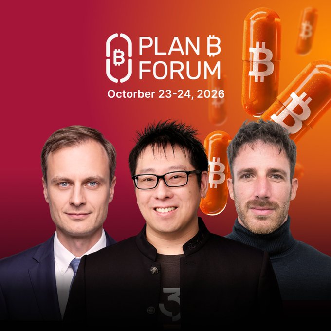A promotional graphic for the 'PLAN B FORUM' on October 23-24, 2026, featuring three men against an orange background with Bitcoin pill graphics.