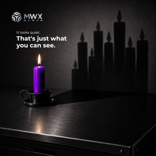 A purple candle sits quietly on a black candleholder, casting a dramatic shadow that resembles a cluster of tall candles against the dark wall. The image includes the MWX ALPHA logo and the text "It looks quiet. That's just what you can see."—visually echoing the post's message that seemingly quiet moments in crypto often conceal the early spark of significant movement that MWX Alpha aims to detect.